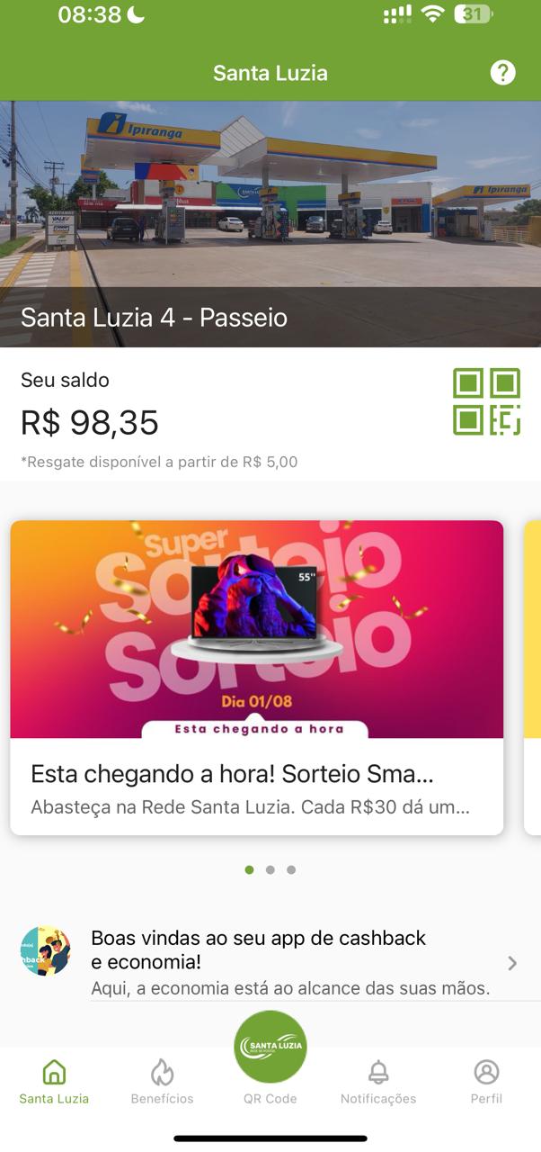 Aplicativo Rede Santa Luzia com Cashback na conta e muitos sorteios.